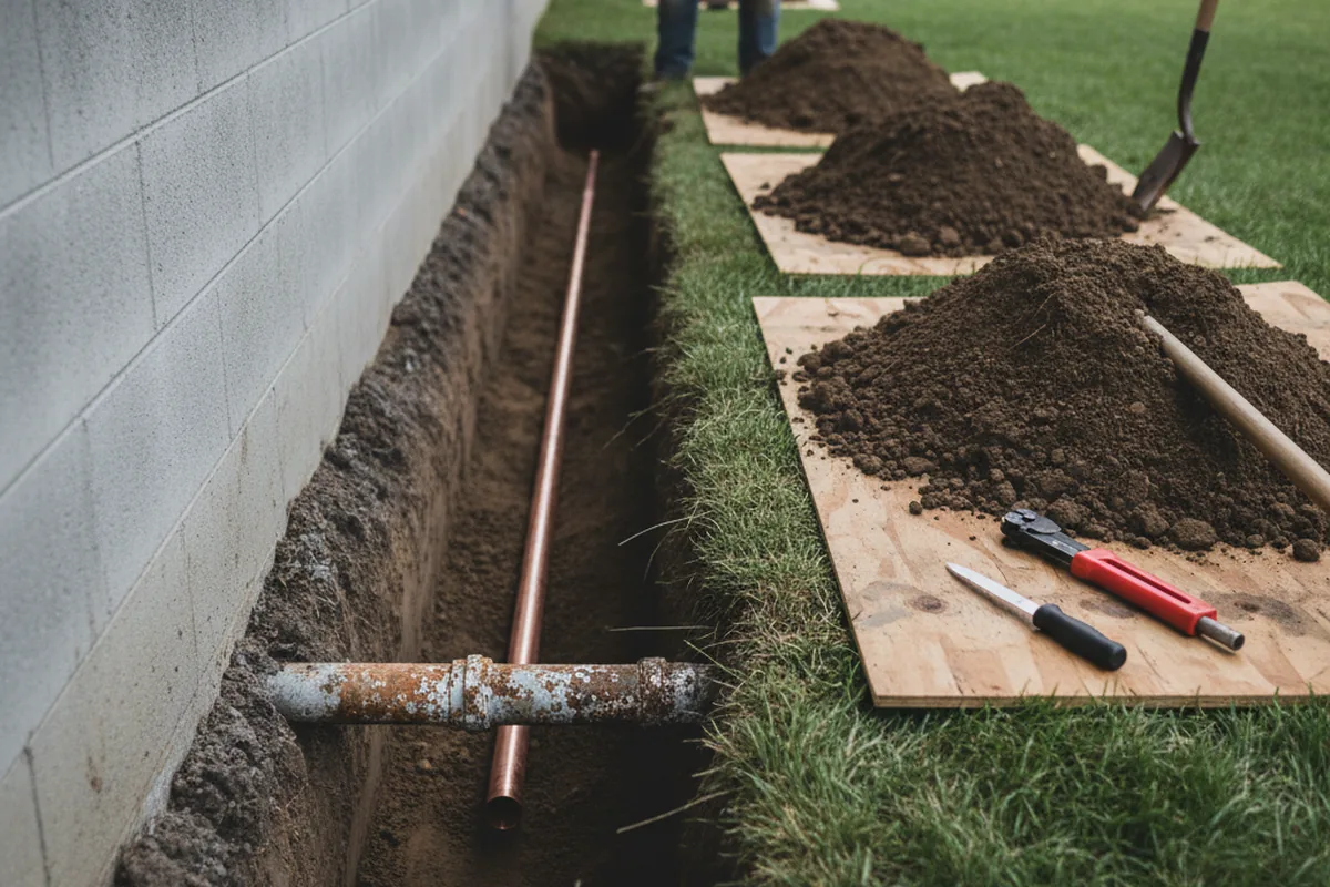 Excavated water line trench during Water Heater Repair in Morris Plains